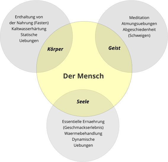 Körper  Geist Seele Essentielle Ernaehrung (Geschmackserlebnis) Waermebehandlung Dynamische  Uebungen Der Mensch Enthaltung von  der Nahrung (Fasten) Kaltwasserhärtung Statische  Uebungen Meditation Atmungsuebungen Abgeschiedenheit (Schweigen)