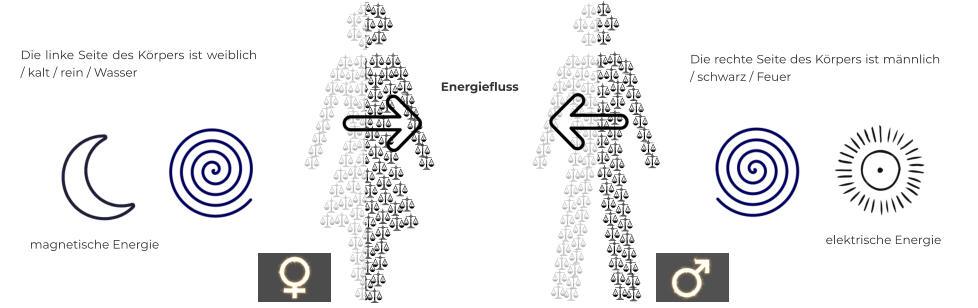 Die rechte Seite des Körpers ist männlich / schwarz / Feuer Die linke Seite des Körpers ist weiblich / kalt / rein / Wasser Energiefluss magnetische Energie elektrische Energie